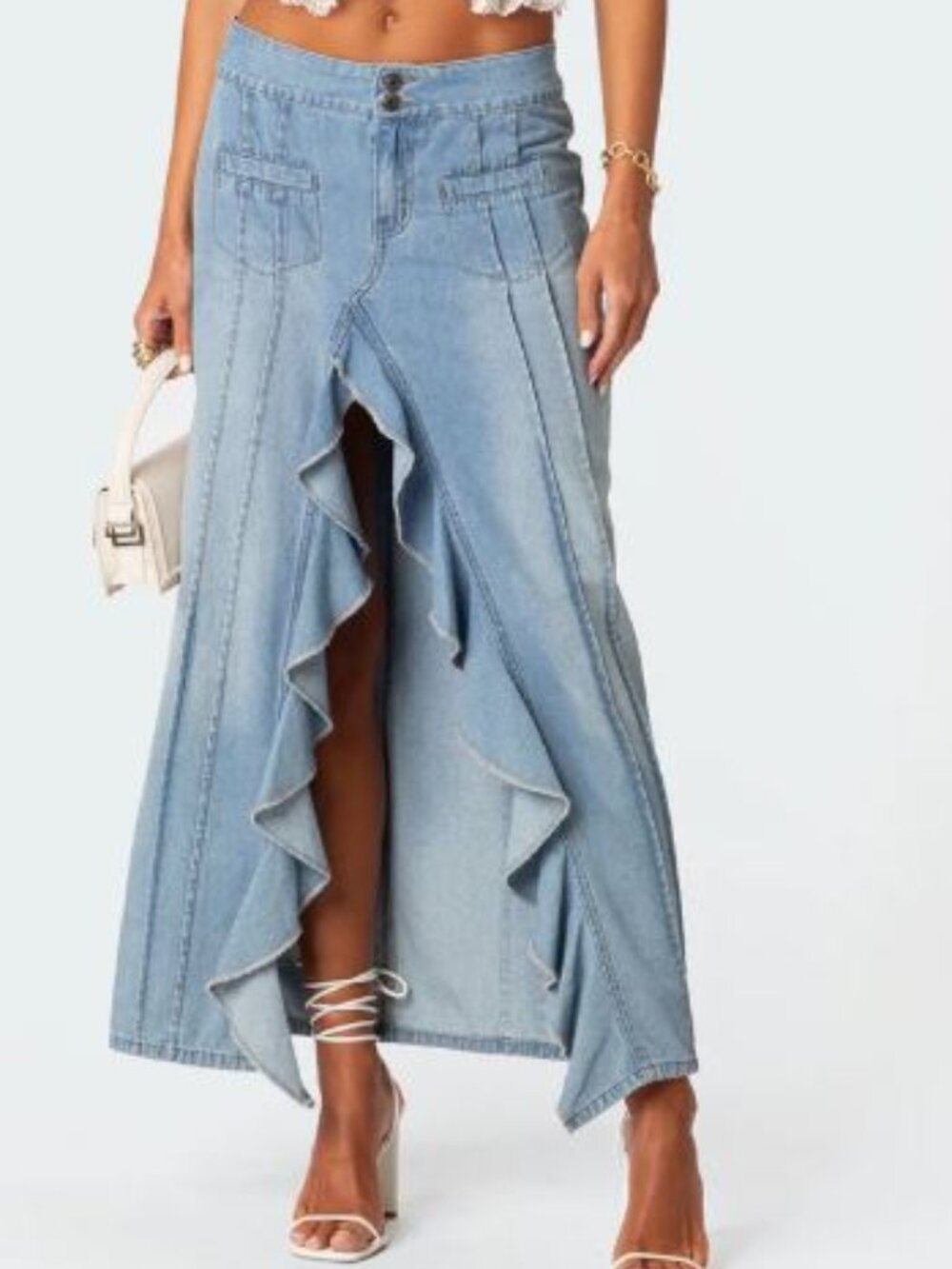 Edikted - Valencia Ruffle Slitted Denim Maxi Skirt - NWT – Size L